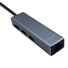 HUB USB AISENS A109-0396 GRIS + ADAPTADOR LAN -  1*USB TIPO-C MACHO / CONECTORES 3*USB-A HEMBRA - RJ45 10/100/1000 - LONGITUD CA