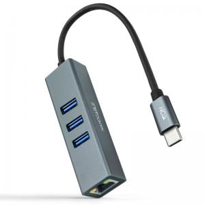 Hub USB 3.0 Tipo-C Nanocable 10.03.0408/ 3 Puertos USB/ 1 RJ45/ Gris - Imagen 1