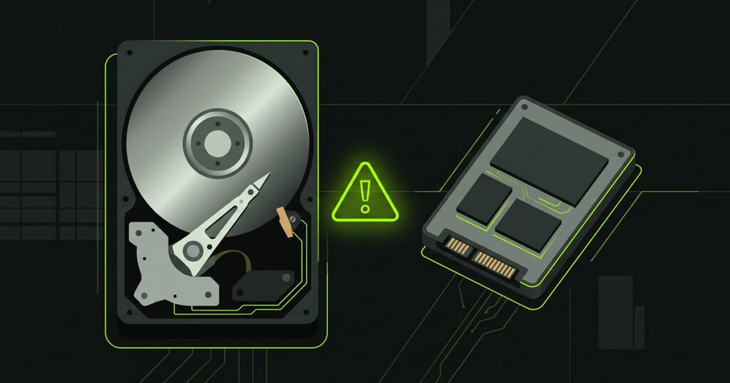 Ilustración de un disco duro mecánico abierto junto a un SSD con un triángulo de aviso en verde