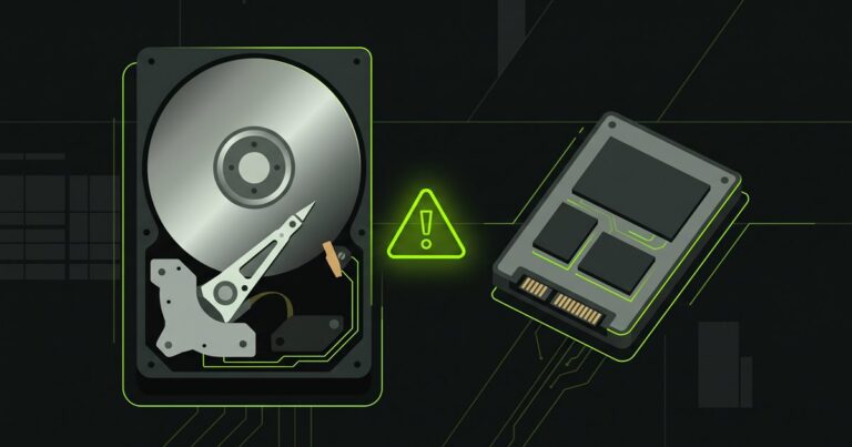 Ilustración de un disco duro mecánico abierto junto a un SSD con un triángulo de aviso en verde