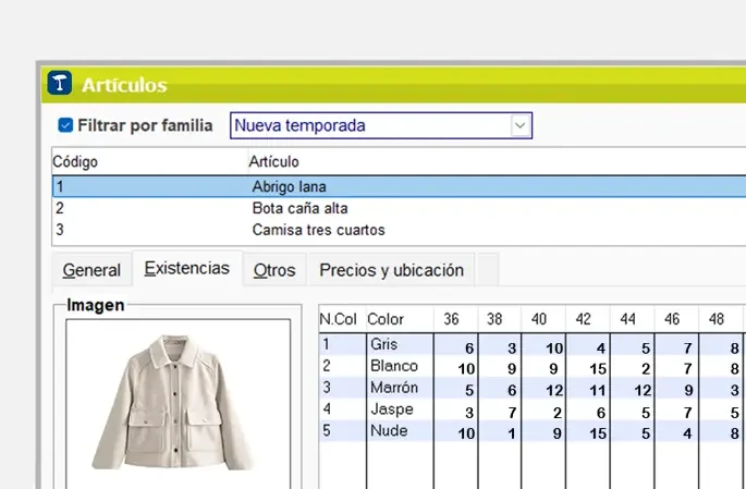 ClassicGes 7 de AIG: programa de gestión y TPV para pymes y autónomos 7 Ficha de artículo con stock por talla y color en ClassicGes