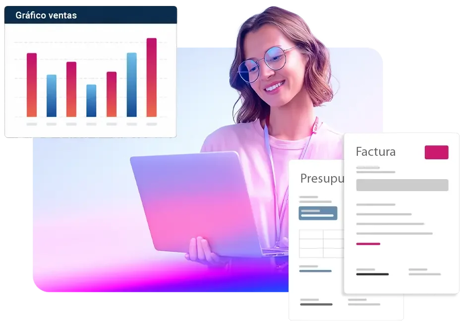 ClassicGes 7 de AIG: programa de gestión y TPV para pymes y autónomos 1 Presupuestos, facturas y gráfico de ventas de ClassicGes 7 alrededor de una usuaria con portátil
