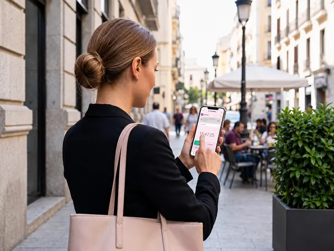 Trabajadora fichando la entrada con la app ClockerGo en el móvil