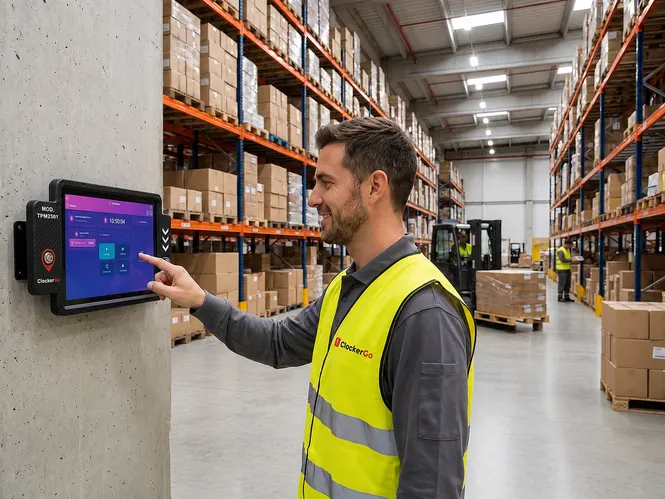 Trabajador fichando con llavero RFID en el fichador físico ClockerGo de un almacén