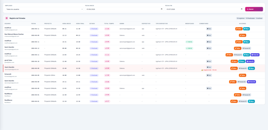 Registro de fichadas de ClockerGo con dispositivo, mapa y fotos (datos de ejemplo)