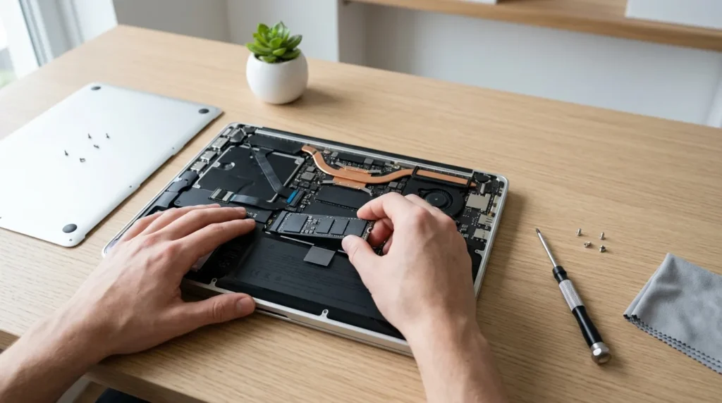 Actualitza el teu Mac antic a un macOS modern 1 Cambio de disco SSD en un portátil de aluminio