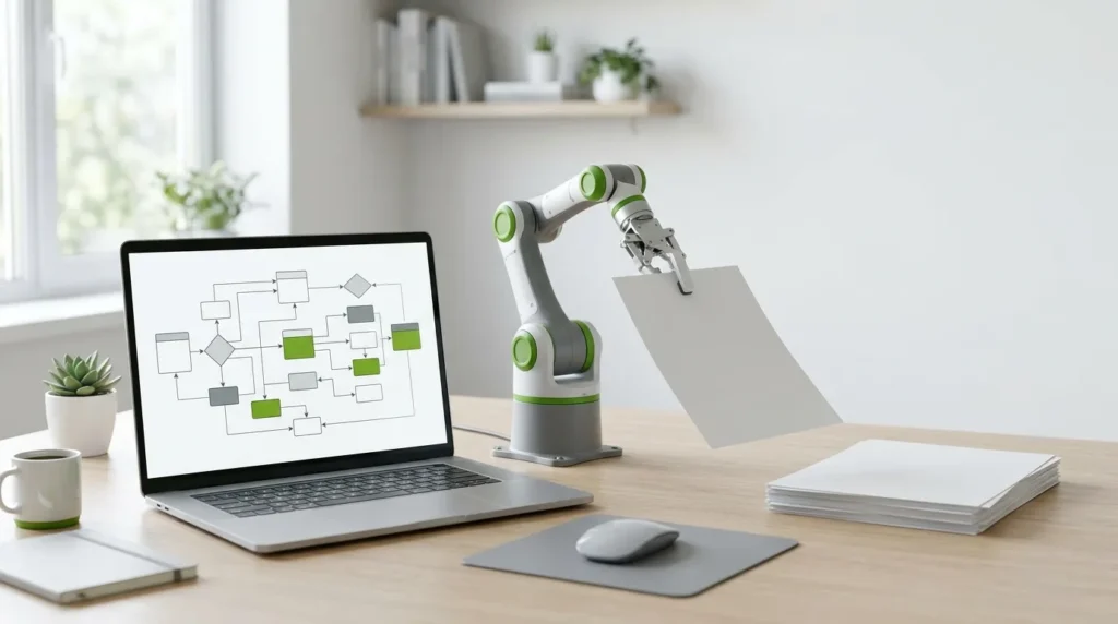 Automatització de processos per a empreses: menys tasques repetitives, més control 1 Brazo robótico de escritorio junto a un diagrama de flujo: automatización