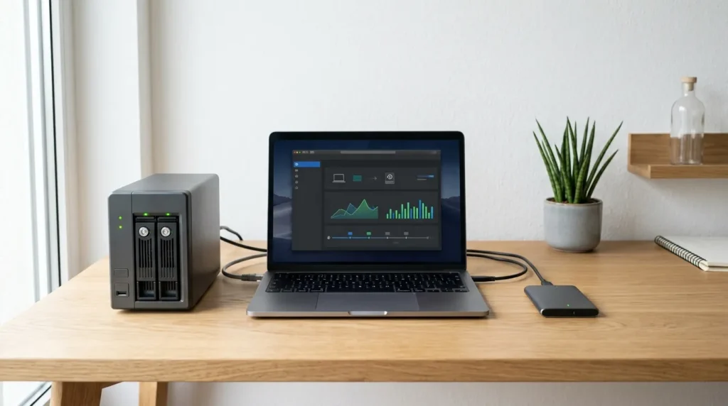 Cloud, servidors i còpies de seguretat per a empreses 1 NAS, portátil y disco externo para copias de seguridad