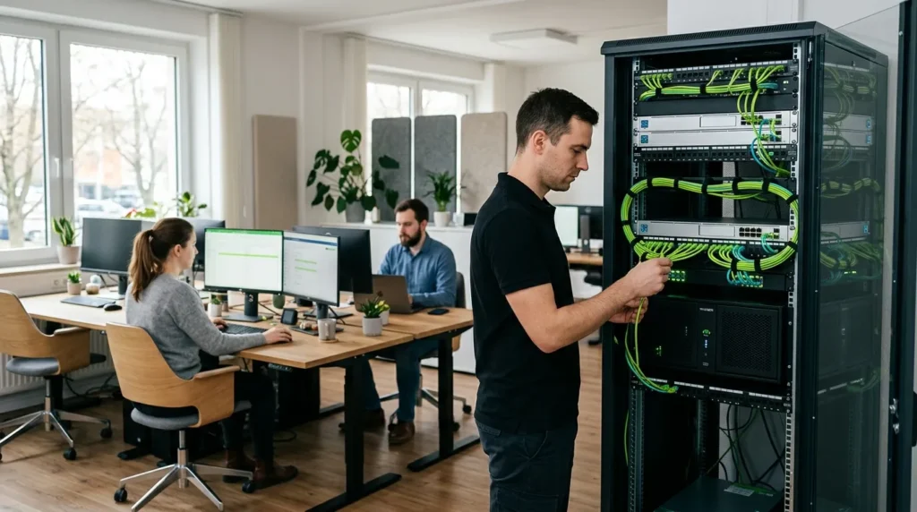 Técnico de MRP Computer revisando la red y el servidor de una pyme