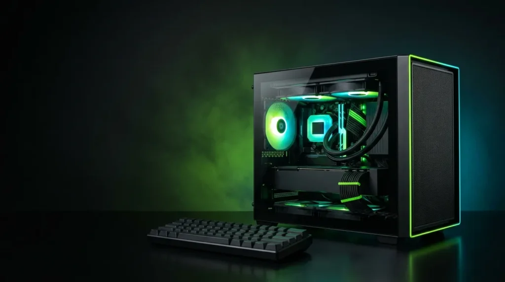 PC gaming compacto MRP Mini con iluminación verde y cian