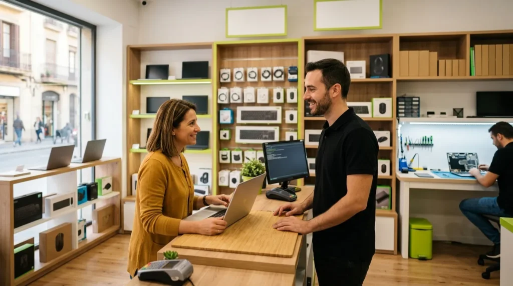 Técnico de MRP Computer atendiendo a una clienta en la tienda de Igualada