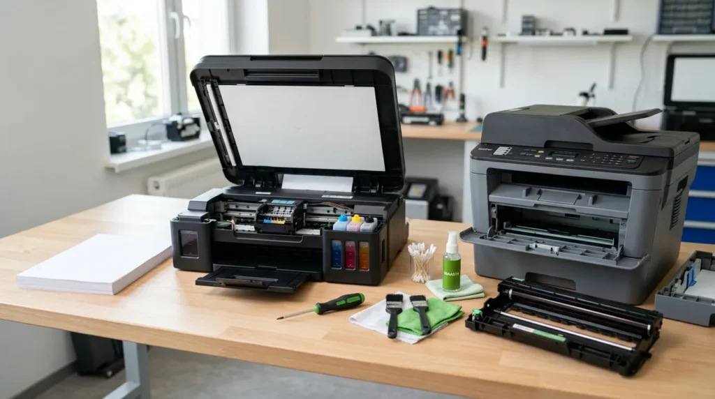 Reparació d'impressores a Igualada: làser, injecció i multifunció 1 Impresoras de tinta y láser abiertas en el taller