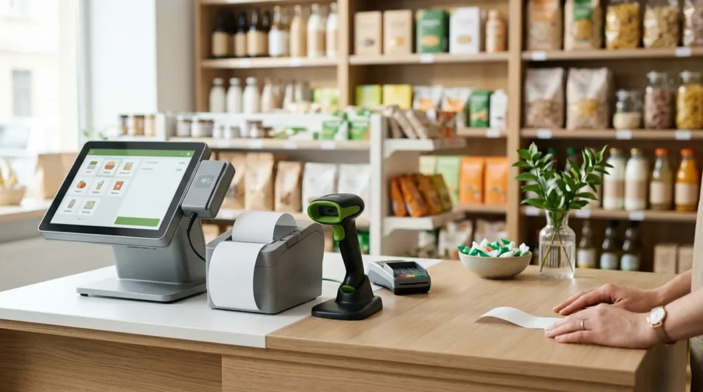 TPV táctil con lector de códigos e impresora de tickets en una tienda