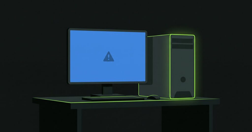 Ilustración de un ordenador de sobremesa con el monitor en azul y un triángulo de aviso, sobre una mesa oscura