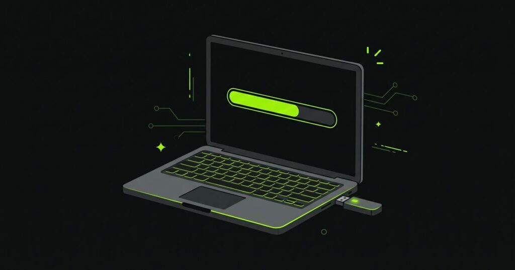 Ilustración de un portátil con una barra de progreso en pantalla y una memoria USB conectada