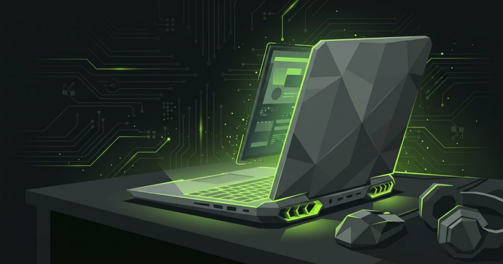 Portátil gaming genérico angular, visto de lado con brillo verde en el teclado, junto a un ratón y unos auriculares (ilustración)