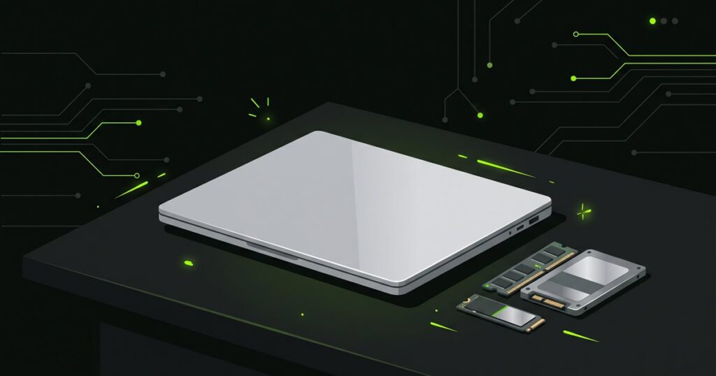 Portátil genérico ultrafino de tapa plateada junto a un SSD y módulos de memoria RAM sobre una mesa oscura (ilustración)