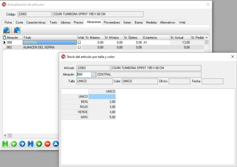 tgProfesional 12: ERP completo de gestión y contabilidad preparado para Verifactu 3 Stock de un artículo por almacén, talla y color en tgProfesional