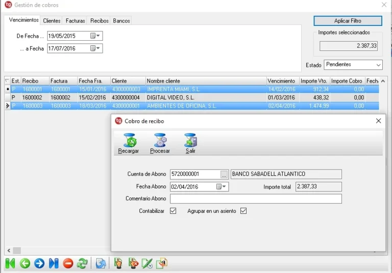 tgProfesional 12: ERP completo de gestión y contabilidad preparado para Verifactu 4 Gestión de cobros y remesas en la cartera de tgProfesional