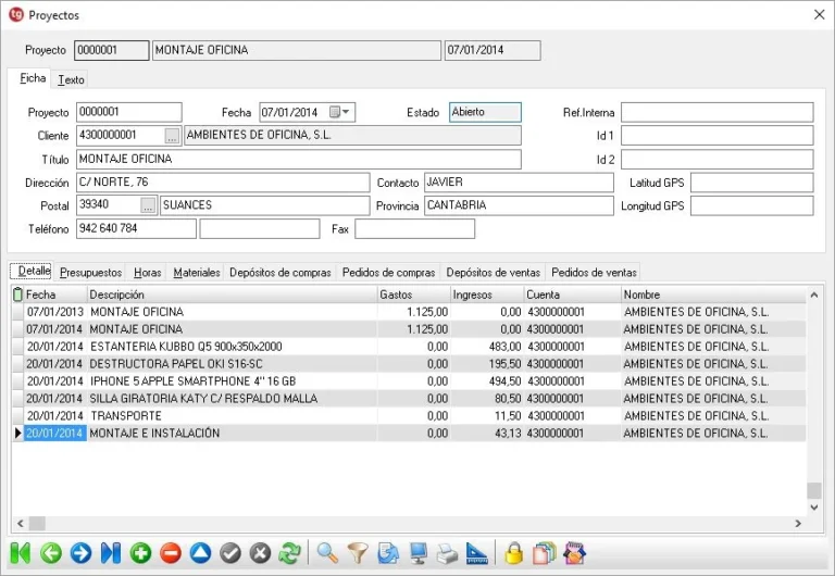 tgProfesional 12: ERP completo de gestión y contabilidad preparado para Verifactu 5 Ficha de proyecto con ingresos y gastos en tgProfesional