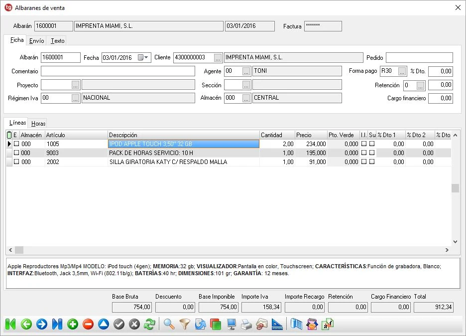 tgProfesional 12: ERP completo de gestión y contabilidad preparado para Verifactu 1 Pantalla de albarán de venta de tgProfesional con datos de demostración